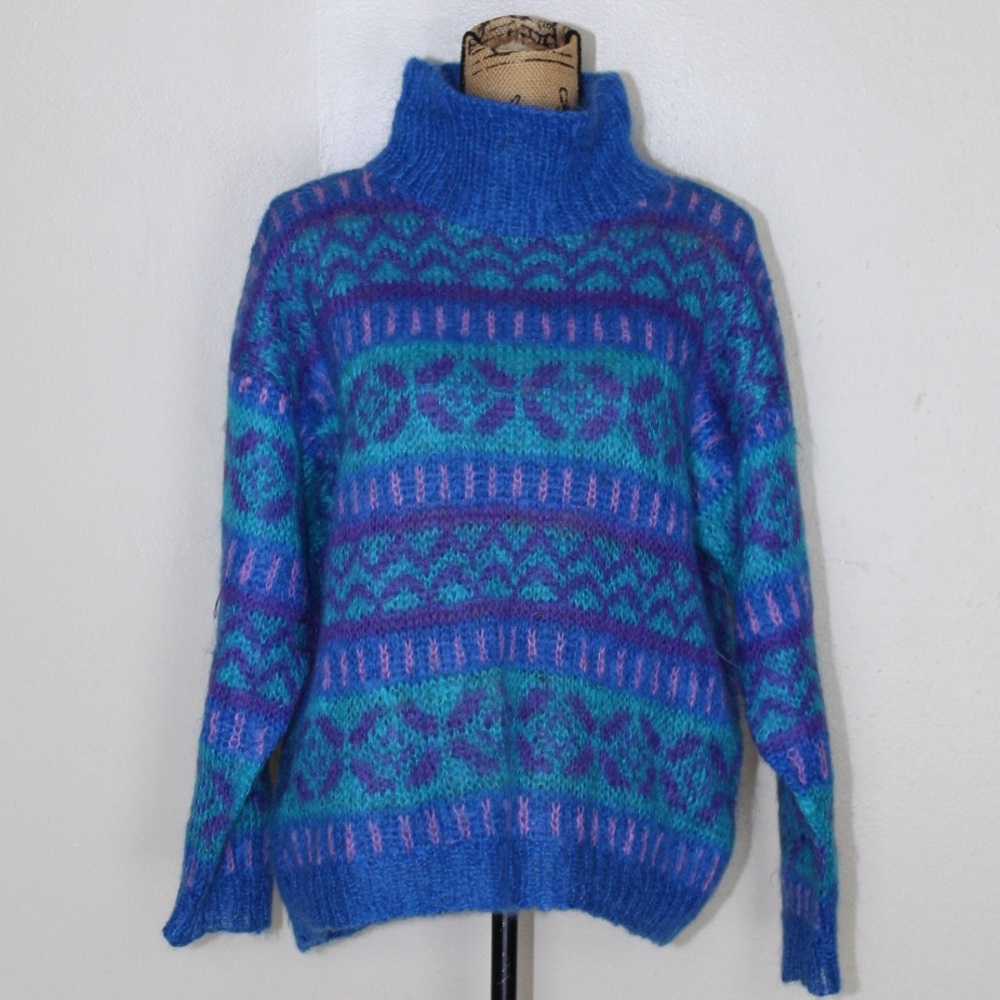 Vintage Icelandic Design Handknit Mohair Wool Mock Neck Sweater Women’s M